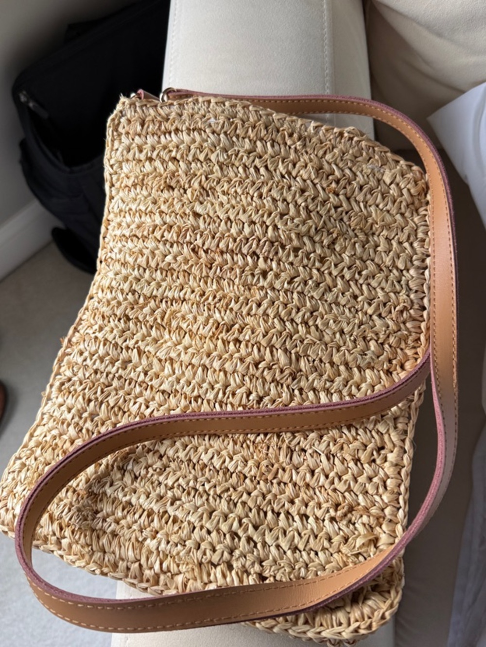 Faherty Natural Woven Straw Crossbody with Tan Leather Trim